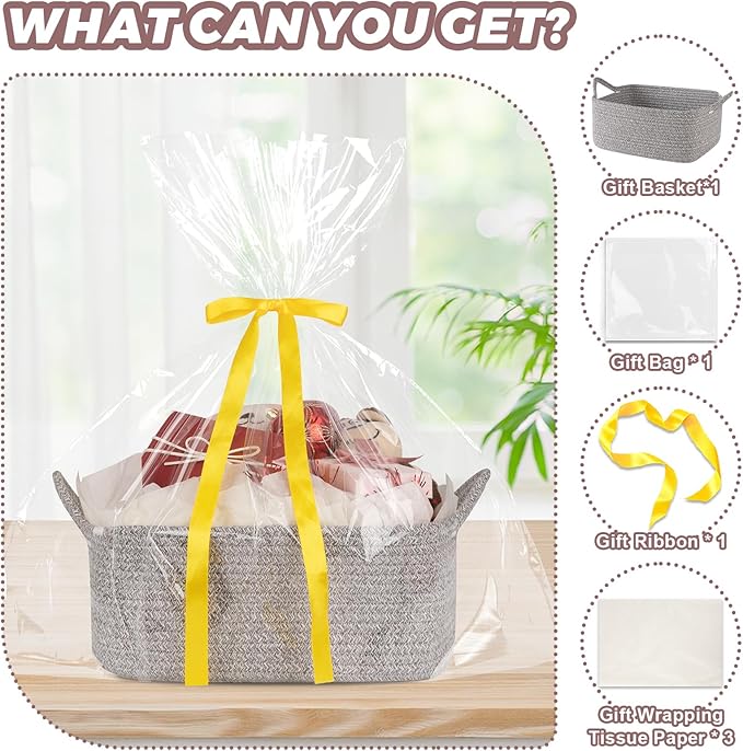 Basket for Gifts Empty, Woven Storage Basket with Gift Bag, Ribbon and Wrap Tissue Paper, Small Rope Toy Storage with Handles for Baby Shower, Dog Toy Organizer, 13.6" x 10" x 5.9”, Gray