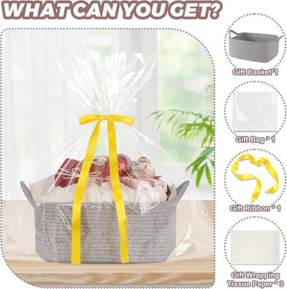 Basket for Gifts Empty, Woven Storage Basket with Gift Bag, Ribbon and Wrap Tissue Paper, Small Rope Toy Storage with Handles for Baby Shower, Dog Toy Organizer, 13.6" x 10" x 5.9”, Gray