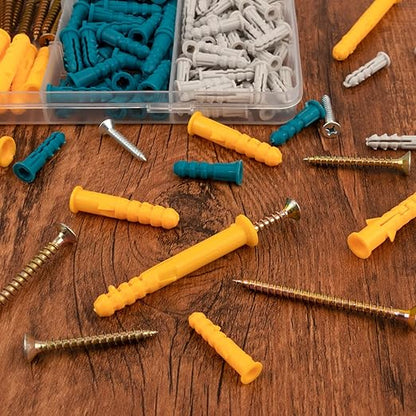 KURUI Drywall Anchors and Screws Assortment Kit 270PCS, 135 Plastic Dry Wall Expansion Anchors and 135 Philips Flat Head Wood Screws, 5 Sizes Wall Hanging Kit for Art Decor, Replaces Picture Nails