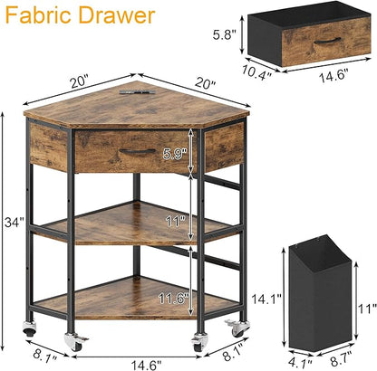 YAOHUOO Corner Printer Stand, Corner Table with Power Outlet/Storage Fabric Drawer，Printer Cart for Home Office with Height Adjustable Shelf/Side Pocket, Rustic Brown