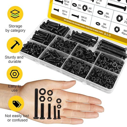 225pcs Screws and Nuts Assortment Kit,M4 M5 M6 Phillips Pan Head Assorted Nuts and Bolts,Washers Kit for Headboard, Wall Plate Switch, Receptacles Mounting Screws Black