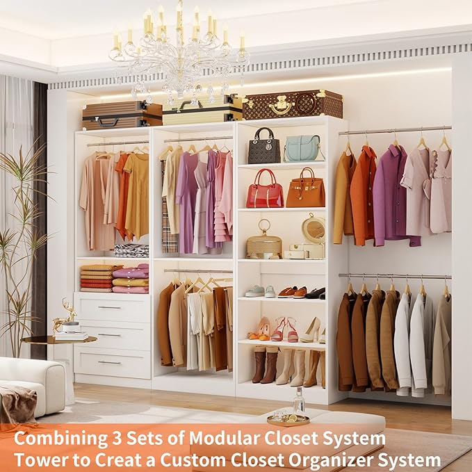 Closet System of 3 Sets, 6-15FT Closet Organizer System Wood with 3 Drawers & 7 Shelves, Walk in Closet Organizer Shelving System with 6 Hanging Rods, Modular Closet System Kits Adjustable, White