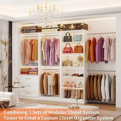 Closet System of 3 Sets, 6-15FT Closet Organizer System Wood with 3 Drawers & 7 Shelves, Walk in Closet Organizer Shelving System with 6 Hanging Rods, Modular Closet System Kits Adjustable, White
