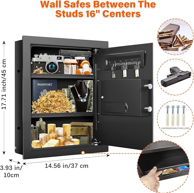 17.7" Tall Wall Safes Between the Studs 16" Centers, Hidden Wall Safe with 2 Removable Shelf & Hidden Tray, In Wall Mount Safe for Money, Jewelry, Passport, Valuables