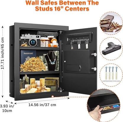 17.7" Tall Wall Safes Between the Studs 16" Centers, Hidden Wall Safe with 2 Removable Shelf & Hidden Tray, In Wall Mount Safe for Money, Jewelry, Passport, Valuables