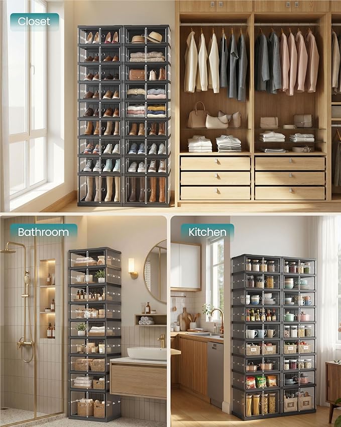 SONGMICS Foldable Shoe Storage Organizer for Closet, Stackable Sneaker Cabinet with Magnetic Door, Large Plastic Container Bins for Entryway, 9-Tier for 18 Pairs, Transparent and Ink Black ULSP918BH01