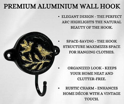 Aluminium Bird Print (1-Pack) Single Wall Hooks, Black Bird Themed Hooks for Hanging Leash-Wall Mount Hanger, Organization Decorative Wall Hook (Bird)