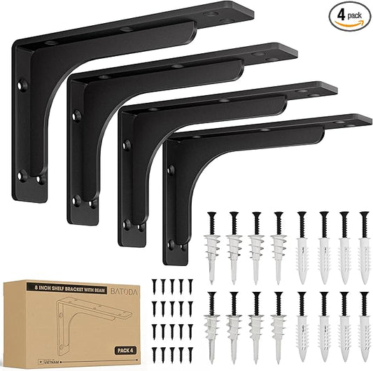 BATODA 8" x 5" L Bracket with Beam - Shelf Brackets Black 300 Lbs Capacity - Heavy Duty Shelving Brackets for Floating Shelves - Wall Mounted Support for DIY – Mounting Hardware Included (Pack 4)