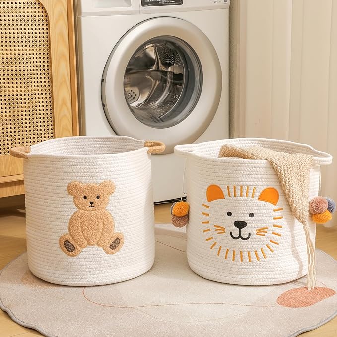 Large Blanket Baskets for Living Room Decor, Toy Storage Baskets Woven Cotton Rope Teddy Storage Basket for Kids, Dog Toys Organizer Clothes Hamper with Embroidery Decor for Nursery (Large, Bear)