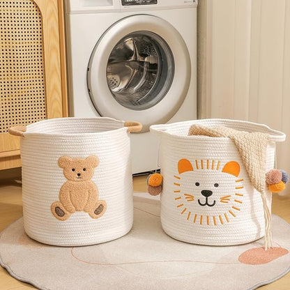 Large Blanket Baskets for Living Room Decor, Toy Storage Baskets Woven Cotton Rope Teddy Storage Basket for Kids, Dog Toys Organizer Clothes Hamper with Embroidery Decor for Nursery (Large, Bear)