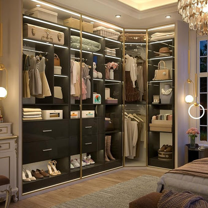 Large Corner Closet System with 3 Sets, 87.2" Closet Organizer System with 4 Drawers & 4 Hanging Rods, Reversible L Shaped Walk-in Closets, Load 2000+LBS, Black (87.2" L x 39.2" W x 80" H)