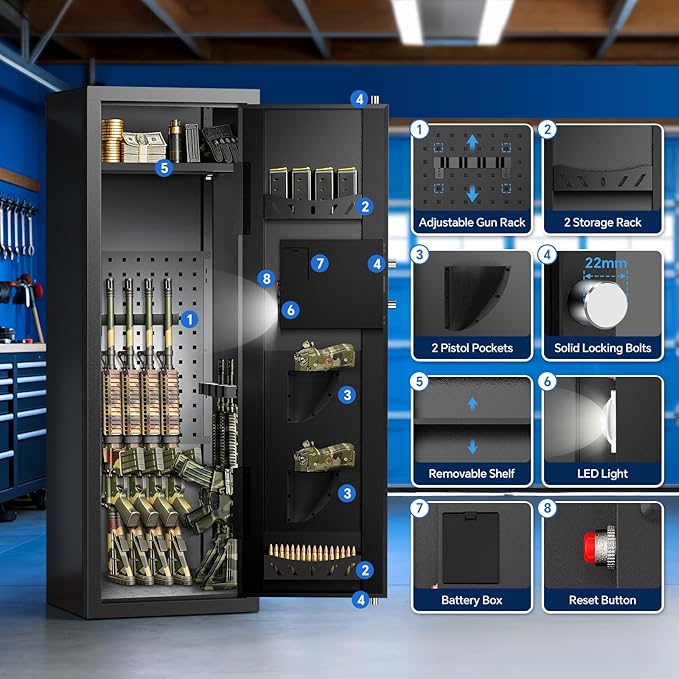 8-10 Gun Rifle Safe for Home Security, Gun Safe for Rifles and Pistols - Quick Access Digital Keypad | Easy Assembly Gun Safe with Adjustable Shelves (Fits Shotguns & Ammo)