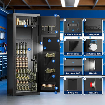 8-10 Gun Rifle Safe for Home Security, Gun Safe for Rifles and Pistols - Quick Access Digital Keypad | Easy Assembly Gun Safe with Adjustable Shelves (Fits Shotguns & Ammo)