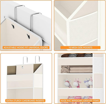 Over Door Organizer with 5 Large Pockets & 10 Mesh Side Compartments - Behind The Door Storage for Bathroom, Bedroom, Closet, Pantry, RV & Nursery - Baby Room Organizer Solution - Beige