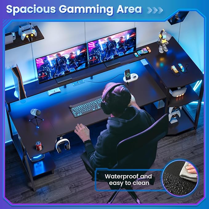 SEDETA Gaming Desk 55'' with LED Lights and Storage Shelves, Computer Desk with Monitor Stand, Power Outlets and Cup Holder, Large PC Gamer Desk, Gaming Table for Bedroom, Living Room, Black
