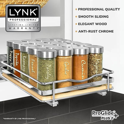 LYNK PROFESSIONAL® Élite™ Pull Out Spice Rack Organizer for Inside Kitchen Cabinets - 8-3/8 inch Wide - Slide Out Drawer – Wood/Chrome Sliding Spice Organization for cabinet - Spice Racks - 1 Tier