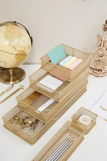 Annova Mesh Stackable Drawer Cabinet and Shelf Organizer Bins Storage Basket School Office Supply Holder Tray- Set of 2 (Gold, 3x9x2 Inch)