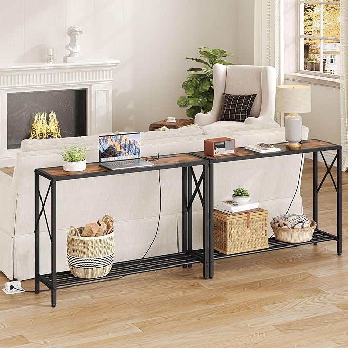 Tajsoon Console Table with Charging Station, 41.8" Entryway Table with Shelves, 2-Tier Narrow Sofa Table, Long Behind Couch Table, for Entryway, Foyer, Living Room, Hallway, Brown & Black
