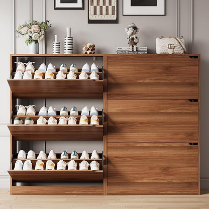 Shoe Storage Cabinet for Entryway with 3 Flip Drawers, Sturdy Wood Hidden Shoe Storage, Freestanding Narrow Slim Shoe Organizer for Front Door Entrance, Living Room, Hallway, Bedroom, Walnut