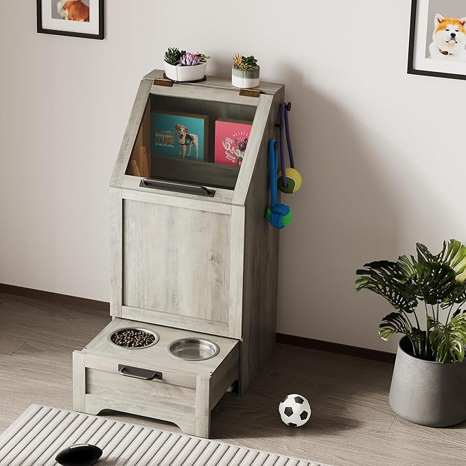 Flip Top Dog Food Storage Container, Wood Pet Storage Cabinet with 2 Pull-Out Elevated Dog Bowls, Modern Dog Food Storage Container with 3 Hooks, Pet Toy Storage Organizer, Grey