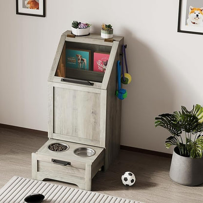 Flip Top Dog Food Storage Container, Wood Pet Storage Cabinet with 2 Pull-Out Elevated Dog Bowls, Modern Dog Food Storage Container with 3 Hooks, Pet Toy Storage Organizer, Grey