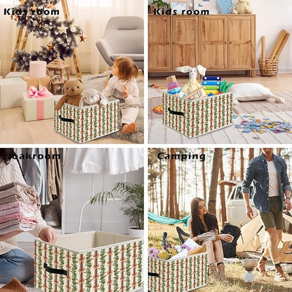 Red and Green Coquette Bow Holly Striped Christmas Storage Bin Box with Handles, Vintage Holiday Christmas Foldable Organizer Basket Toybox for Girls Room Bedroom Bathroom Clothes Toys Books