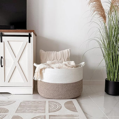INDRESSME XXXLarge Blanket Basket for Living Room 21.7" x 21.7" x 13.8"-Storage Basket with Handle for Organizing Toy Pillows Woven Cotton Rope Laundry Basket Stuffed Animal Toy Storage for Play Room