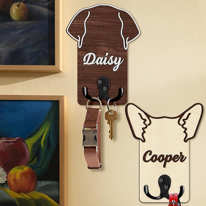 Personalized Dog Leash Holder, Custom Dog Ear Harness Wall Hanger Organizer with Name, Decorative Hooks for Leashes, Keys, Collars, Leash Rack Wall Mount for Entryway, Hallway, Gift for Pet Lovers