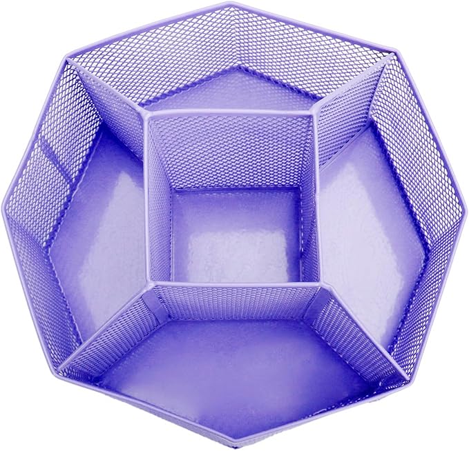 Annova Mesh Desk Organizer Rotate with 5 Compartments Spinning Tidy Candy/Pen Holder Office, Art Supply, Storage, Classroom, Home (Purple)