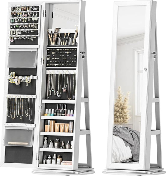 HOMCOM 360° Swivel Jewelry Cabinet, Lockable Jewelry Armoire Organizer with Full-Length Mirror, Back Storage Shelves, Interior Small Mirror, for Bedroom Living Room, White