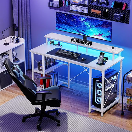 DUMOS Gaming Desk 48 inch Computer Office Desks with LED Lights Power Outlets, Monitor Stand Storage Shelves, Ergonomic White Office Table for Home Gaming Station