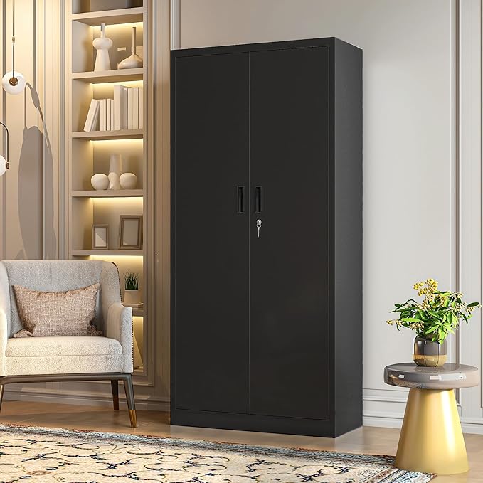 Metal Garage Storage Cabinets,71” Tall Metal File Cabinet with 5 Adjustable Shelves, Lockable Storage Cabinets for Office, Home, Garage, Warehouse 71" H x 32" W x 16" D (Black)