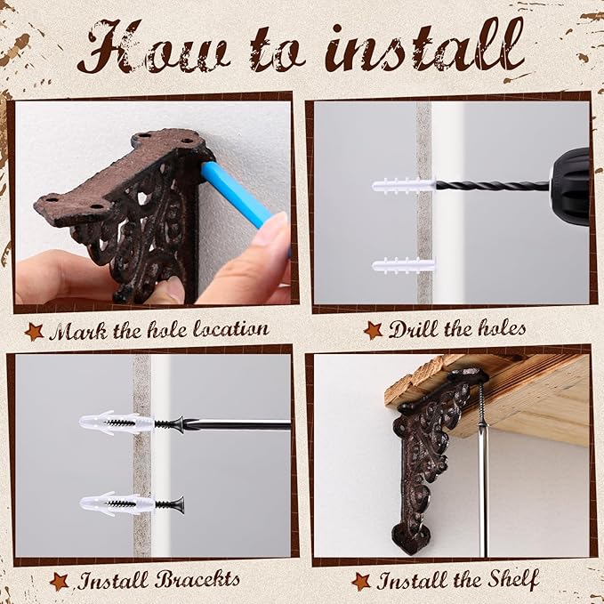 Blulu 4 Pack Antique Style Cast Iron Shelf Brackets Decorative Brackets 5 1/2" x 5 1/2" Wall Mount Shelving Bracket Heavy Duty Victorian Style Shelf(Iron Gray)