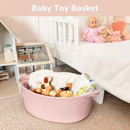 Goodpick Small Woven Basket for Gifting, Small Storage bins for Toys, Baby Gift Baskets for Nursery, Pink Rope Basket for Gifts, Decorative Baskets with Handles, 12" x 8" x 5"