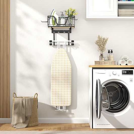 Ironing Board Hanger, CUFURNIX 2-in-1 Wall-Mount & Over-Door with Large Basket & Side Hooks, Black, Fits T&Y Shaped Legs, Space Saving Iron Holder for Laundry, Sewing Room Decor and Accessories