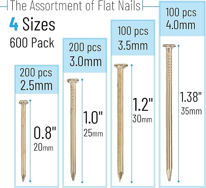 Mr. Pen- Nail Assortment Kit, 600 Pcs, 4 Sizes, Gold, Small Nails, Nails for Hanging Pictures, Finishing Nails, Wall Nails for Hanging, Pin Nails, Hardware Nails, Assorted Nails, Galvanized Nails