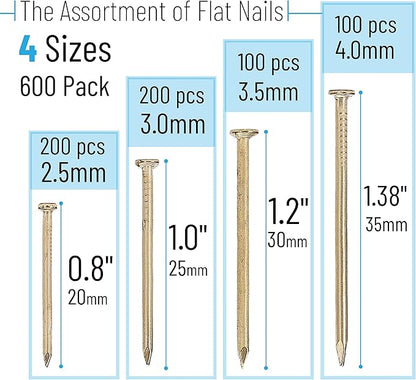 Mr. Pen- Nail Assortment Kit, 600 Pcs, 4 Sizes, Gold, Small Nails, Nails for Hanging Pictures, Finishing Nails, Wall Nails for Hanging, Pin Nails, Hardware Nails, Assorted Nails, Galvanized Nails