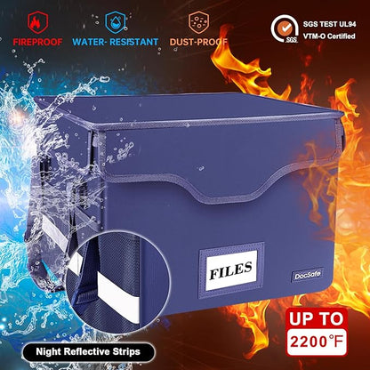 DocSafe Fireproof Document Box with Lock,File Storage Organizer with Pockets,Collapsible Portable File Box Home Office Safe Filing Cabinet with Handle for Hanging Letter/Legal Folders,Blue,2 Pack