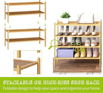 BMOSU 2-Tier Bamboo Shoe Rack Premium Stackable Shoe Shelf Storage Organizer for Hallway Closet Living Room Entryway Organizer(Natural)