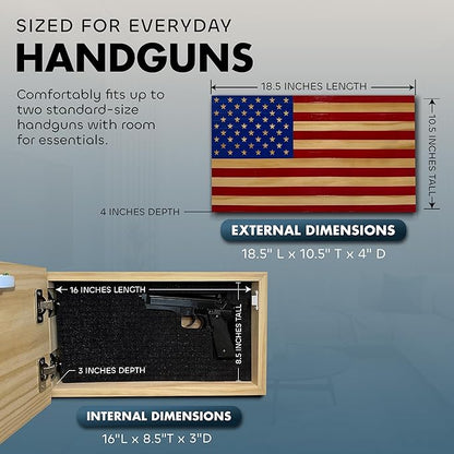 American Flag Hidden Gun Safe - Quick Access Hidden Gun Shelf - Concealment Shelf with Magnetic Lock - Wall Gun Safe for Secure Firearm Storage - Handcrafted In USA by Bellewood Designs (Red & Blue)