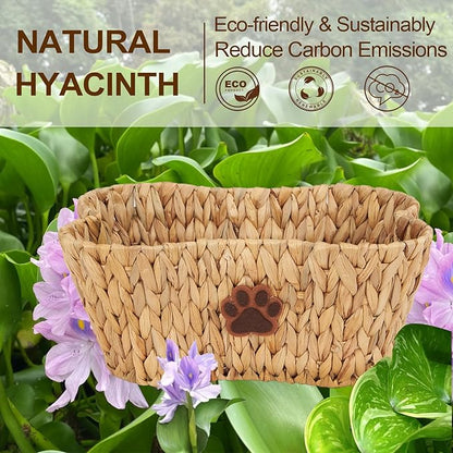 FairyHaus Dog Toy Basket Organizer with Dog Paw Decor, 1Pack Wicker Bone Shape Dog Toy Bin for Organizing, Natural Water Hyacinth Dog Toy Box for Pet Chew Toys Blanket Treats Storage