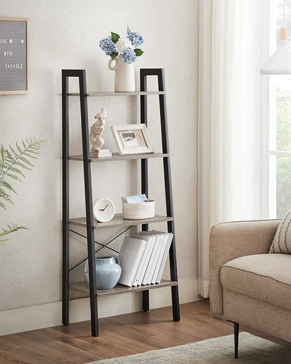 VASAGLE Ladder Shelf, 4-Tier Bookshelf, Storage Rack, Bookcase with Steel Frame, for Living Room, Home Office, Kitchen, Bedroom, Industrial Style, Heather Greige and Ink Black ULLS44MB