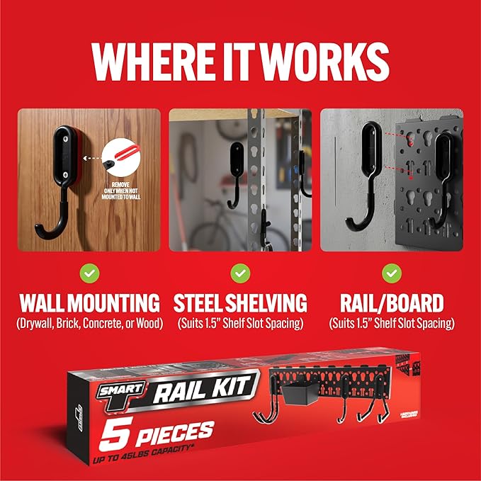 Smart T Garage Storage Pegboard Set | 5 Piece Tool Organizer - Heavy Duty Organizer Wall Mount or Shelving Hooks