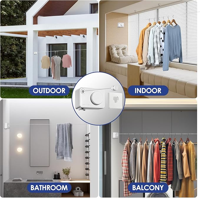 Retractable Clothesline Indoor, Non-Sagging Clothes Line Retracting Outdoors,13.8Ft Heavy Duty Clothes Drying Laundry Line, Wall Mounted Clothesline with 5pcs Hooks (RectangleWhite)