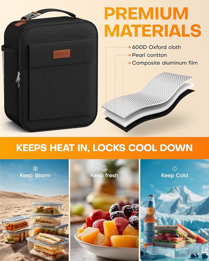 HOTOR Lunch Bag for Men & Women - Large Capacity Insulated Lunch Bag with Mutiple Pockets, Wear-Resistant Cooler Lunch Box for Office, Picnic, Black, 7L, 9.06" x 4.33" x 10.63"