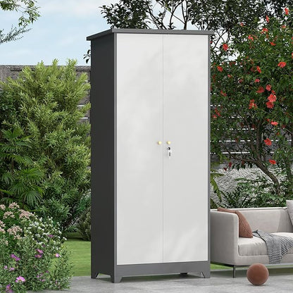 73''H Metal Outdoor Storage Cabinet, Garage Storage Cabinets with Shelves & Lockable Doors, Broom Cabinets for Cleaning Supplies, Waterproof Storage Shed for Garden, Porch（15.4" D x 31.5" W ）