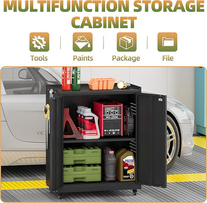 Garage Storage Cabinet with Wheels, Metal Storage Cabinets for Hanging Tools, Rolling Tool Cabinet, 34''H Heavy Duty & Rust Resistant Storage Cabinet for Garage, Warehouse, Office