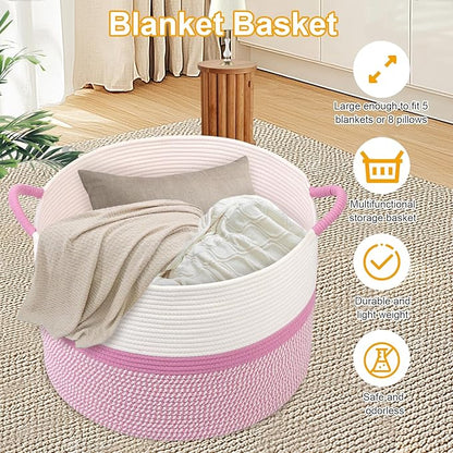Pink Laundry Basket,20''x13''Woven Cotton Rope Laundry Hamper,Large Blanket Basket for Living Room,Baby Baskets,Kids Toy Storage Basket for Organizing,Woven basket,Clothes Hamper,Room Decor