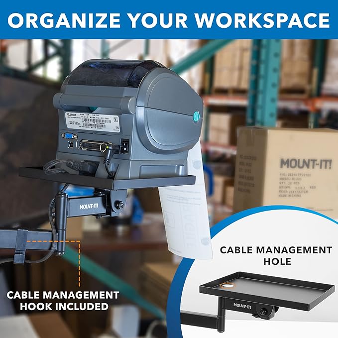 Mount-It! Printer Pole Mount for Thermal Label Printers, Full Motion Arm with Rotating Tray, Holds up to 11 lbs, Swivel, Rotate and Tilt, Clamp Connection Arm Mount for Label Makers