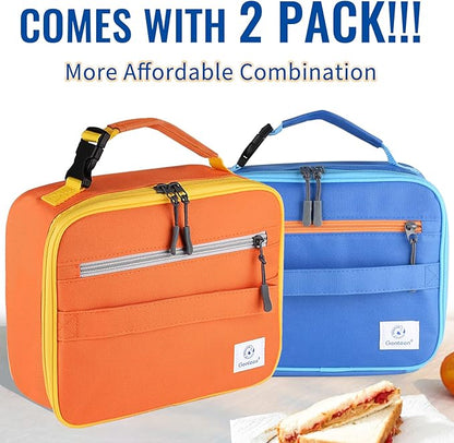 Genteen 2 Packs Insulated Soft Lunch Bag With Double Zipper - Sturdy, Freezable and Reusable for Kids, Men - For School, Work, Outdoor (B-2pk Blue+Orange)